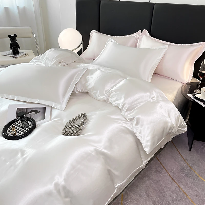 White Bedding Set Silk Duvet Cover with Pillowcases Luxury Satin Comforter Covers Solid Color Double Single King Queen Twin Size