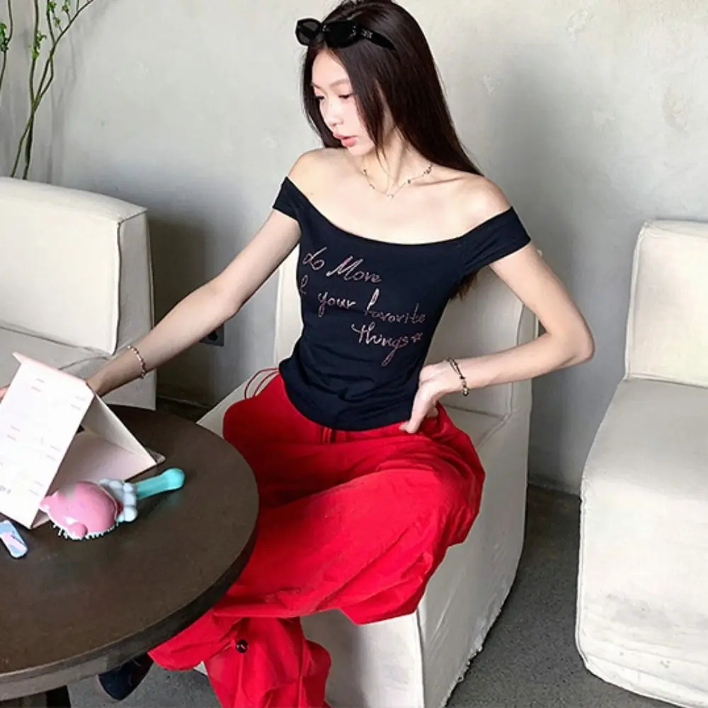 Top corto Retro Ins con hombros descubiertos, camiseta ajustada con diamantes de imitación, ropa femenina, camisa de fondo para mujer, verano