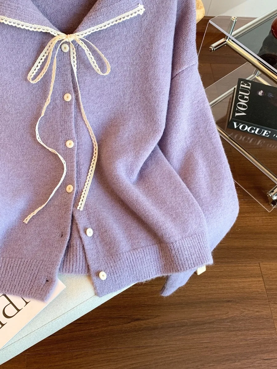 Unique Beautiful Purple  Knot Lace Sweater Coat Women's Autumn Winter Thiened Knitted Soft Outerwear Top