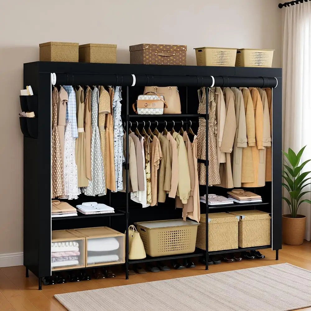 

Extra Large 81.1 Inch Portable Wardrobe Closet with Cover, Storage Organizer featuring Shelves and 3 Hanging Rods, Easy Assembly