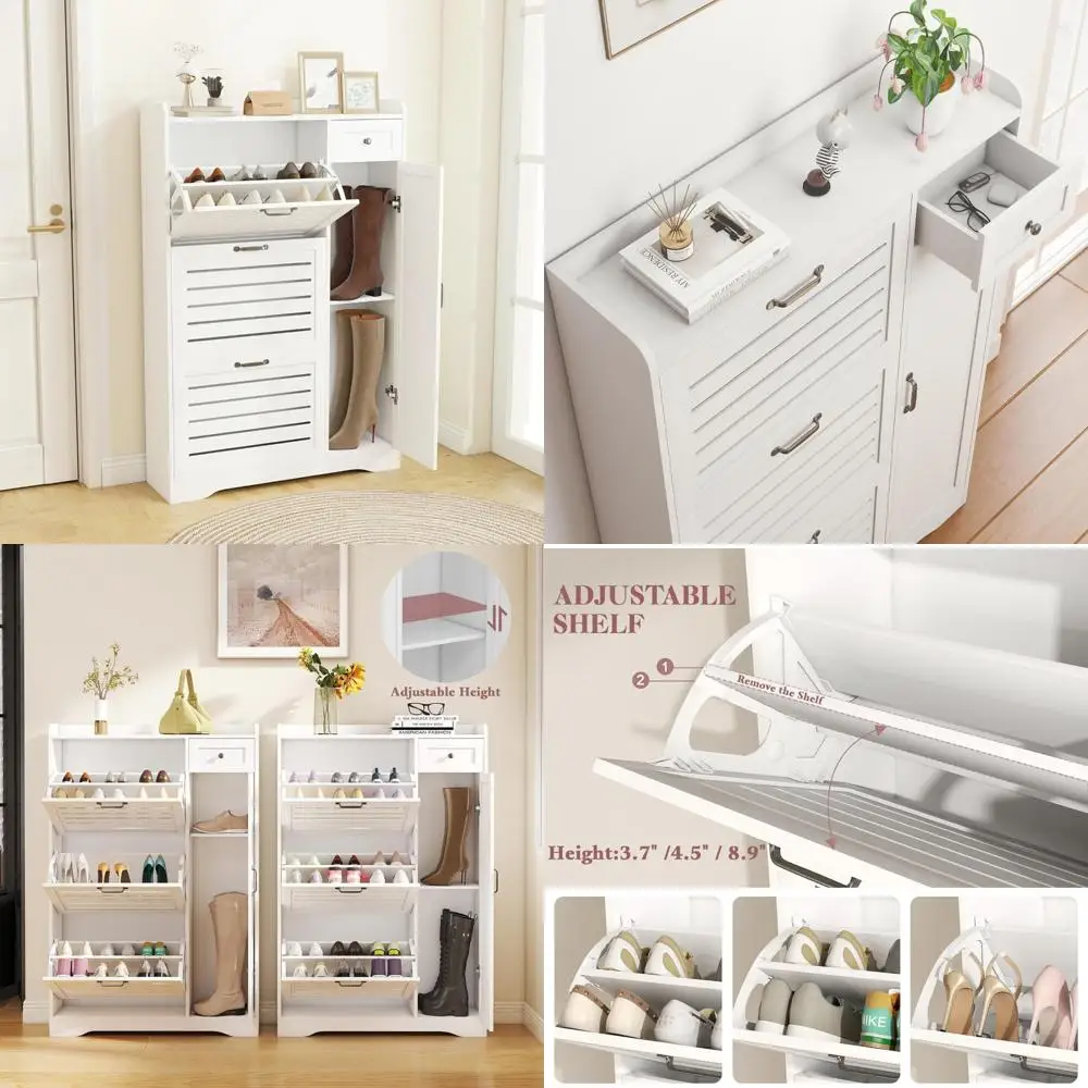 خزانة أحذية مدمجة مع 3 أدراج قابلة للطي، وأرفف قابلة للتعديل، ورف أحذية بباب لتنظيم المدخل والخزانة