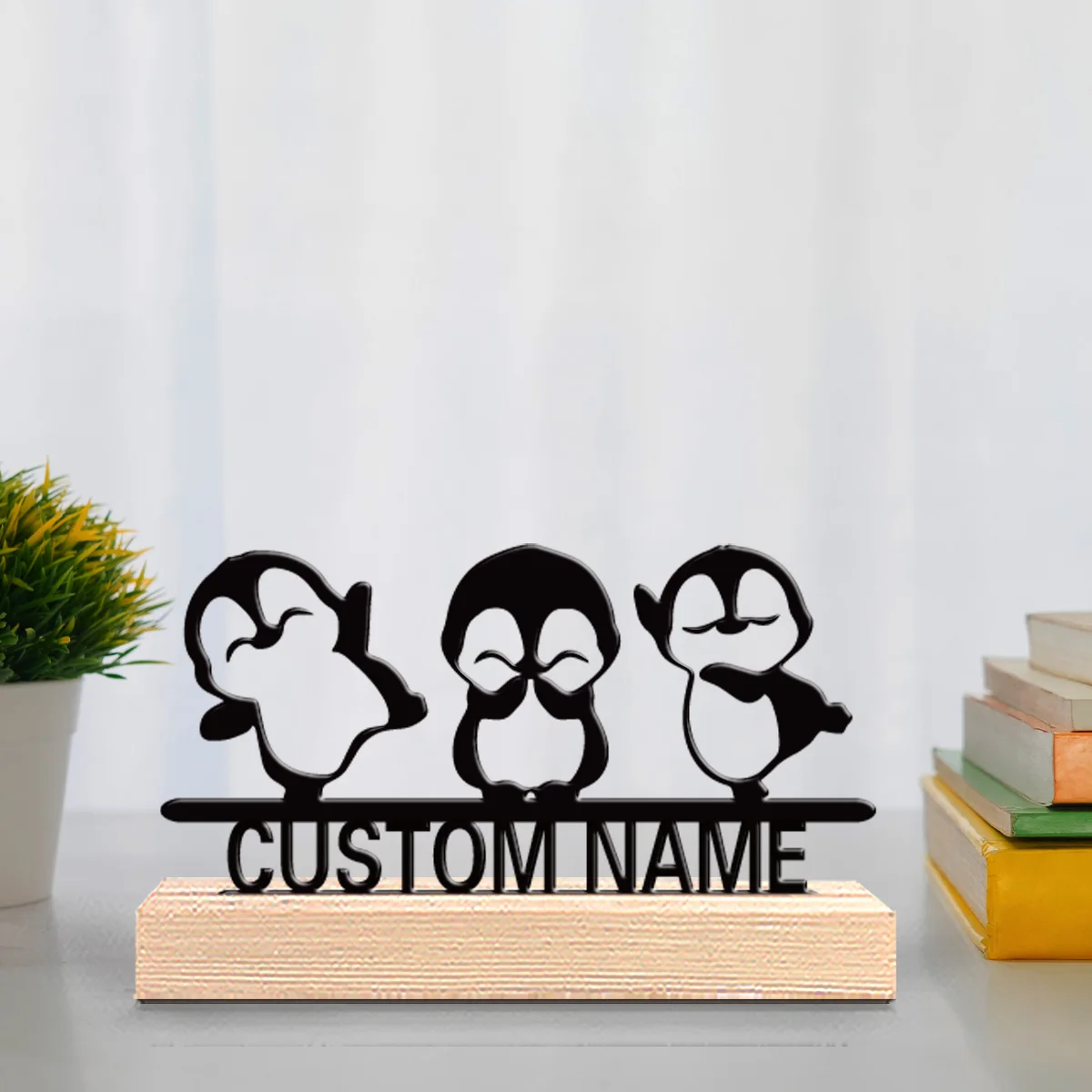 1pc Cute Personalized Custom Three Adorable Penguins Metal Statues Metal Art With Wooden Base Suitable For Office, Bedroom, Livi