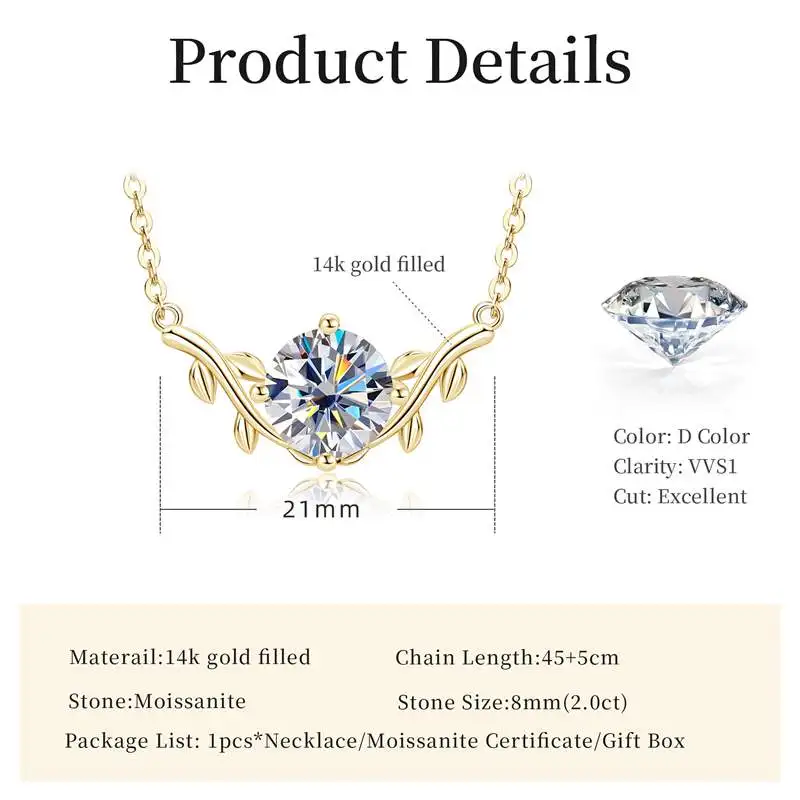Lnngy Exquisite Leaf Shape Pendant Necklace Certified 8MM Moissanite Diamond Necklaces for Women Neck Jewelry Accessories
