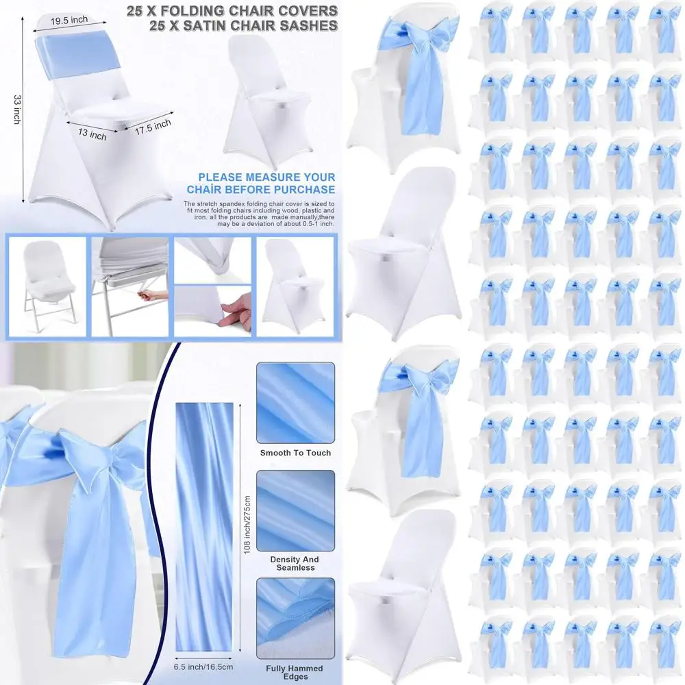 Набор из 50 складных чехлов на стулья с 25 чехлами из спандекса и 25 атласными бантами — моющиеся для свадеб и мероприятий в цвете White & Sky Bl