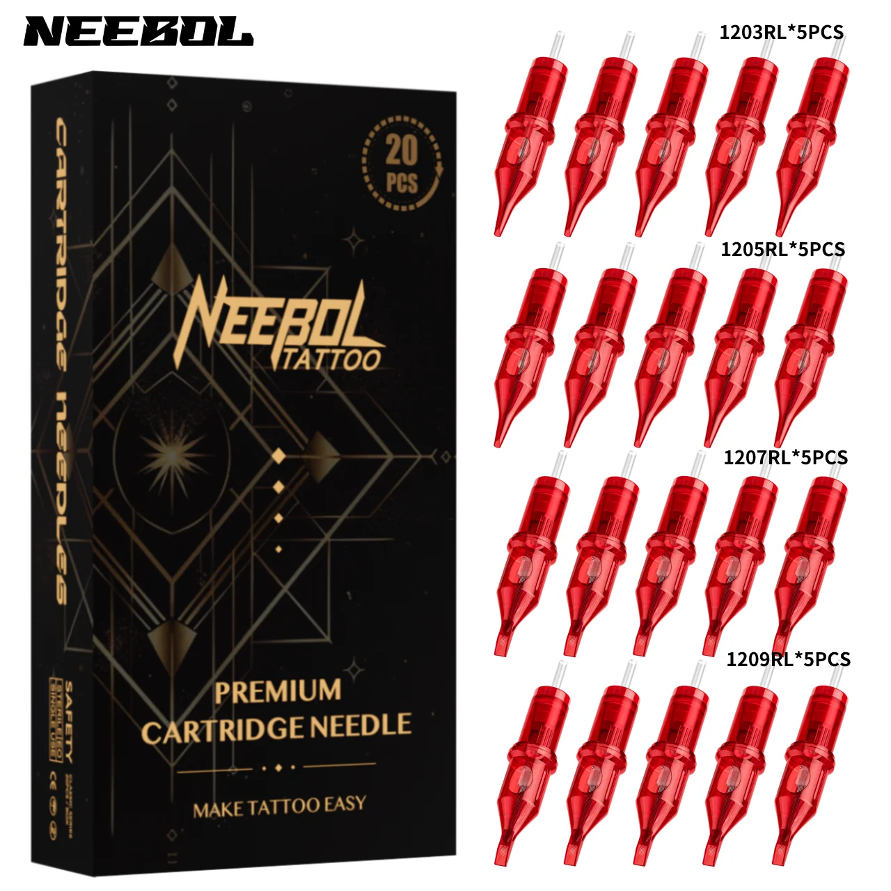 20 agujas de cartucho de tinta para tatuaje Neebol, aguja de tatuaje roja caliente desechable de tamaño mixto, revestimiento redondo estándar (3RL 5RL 7RM 9RM) * 5