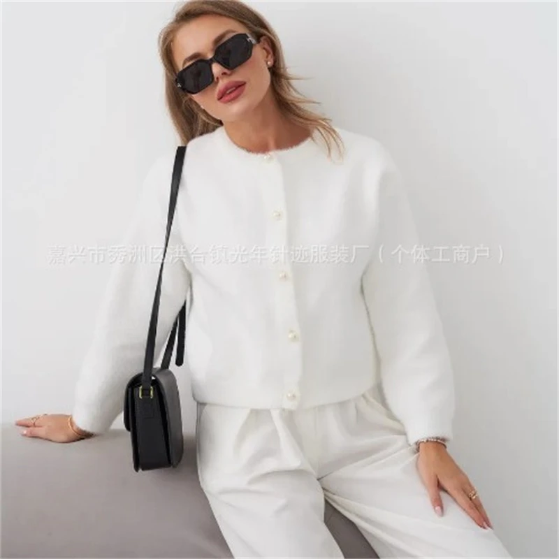 Women Faux Mink Velvet Knitted Cardigan Soft Fluffy Loose Fit O Neck Pearl Button Single Breasted Sweater For Autumn Winter