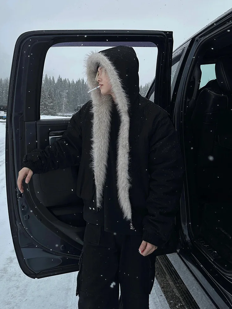 

Cleanfit American Sle Thiened ort Cotton Jaet with Fur Collar Bla Hooded Men's Winter Coat Warm Casual Outerwear