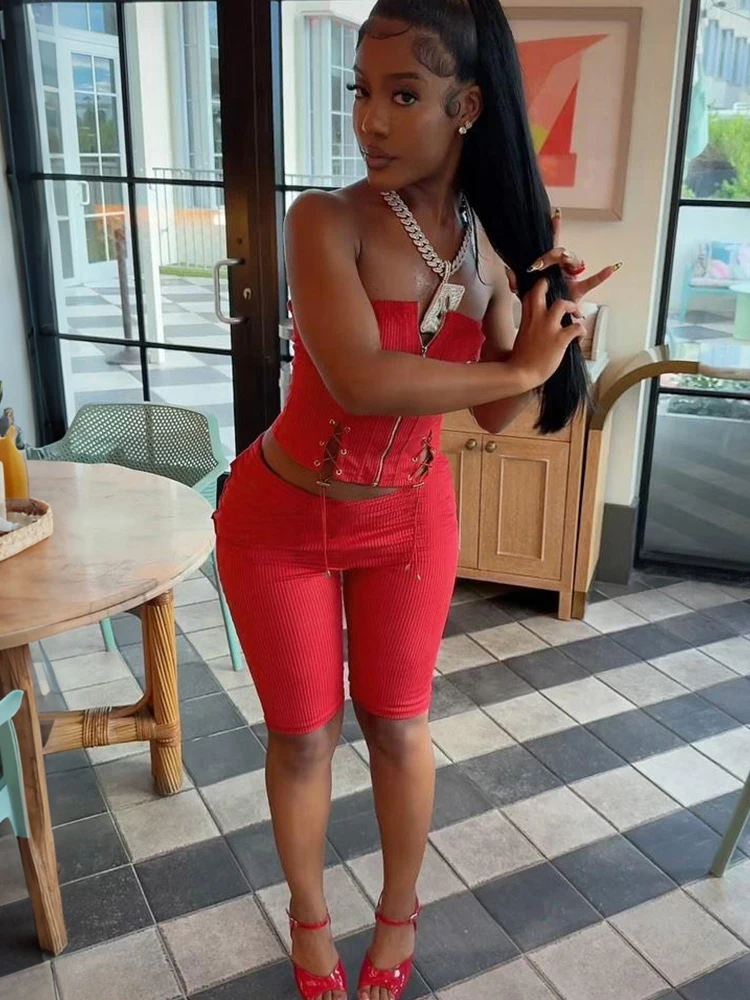 Sisterlinda مثير 2 قطعة مجموعة النساء رياضية Shirring البريدي بلوزات بدون حمالات + شورتات الدراجة مطابقة الشارع الشهير ملابس غير رسمية تمتد #5