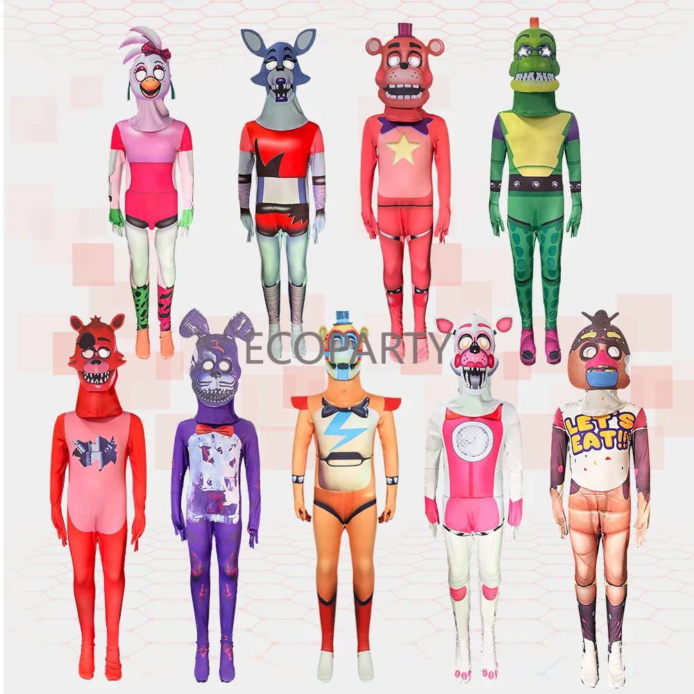 Five Nights Costume Chica Kids Bonnie Jumpsuit Foxy Halloween Cosplay Party Bodysuit 110-160CM