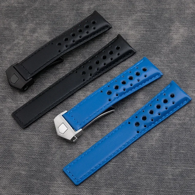 Soft Breathable Genuine Leather Black Blue Watch Band 22mm Wristband For Tag Heuer Strap Carrera Monaco F1 Fold Buckle bracelet