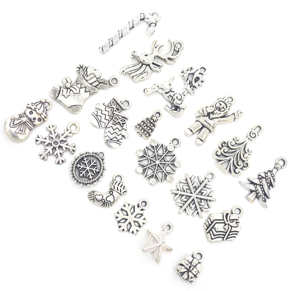 19pcs Mixed Silver Color Christmas Tree Snowflake Stocking Candy Cane Charm Pendants Decoration