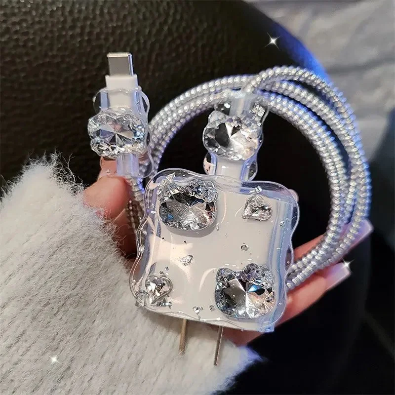 Luxury Diamond Epoxy Cute Clear Charger Cover For IPhone 11 12 13 14 15 16 18W-20W Charge Protection Cover Charger Accessories