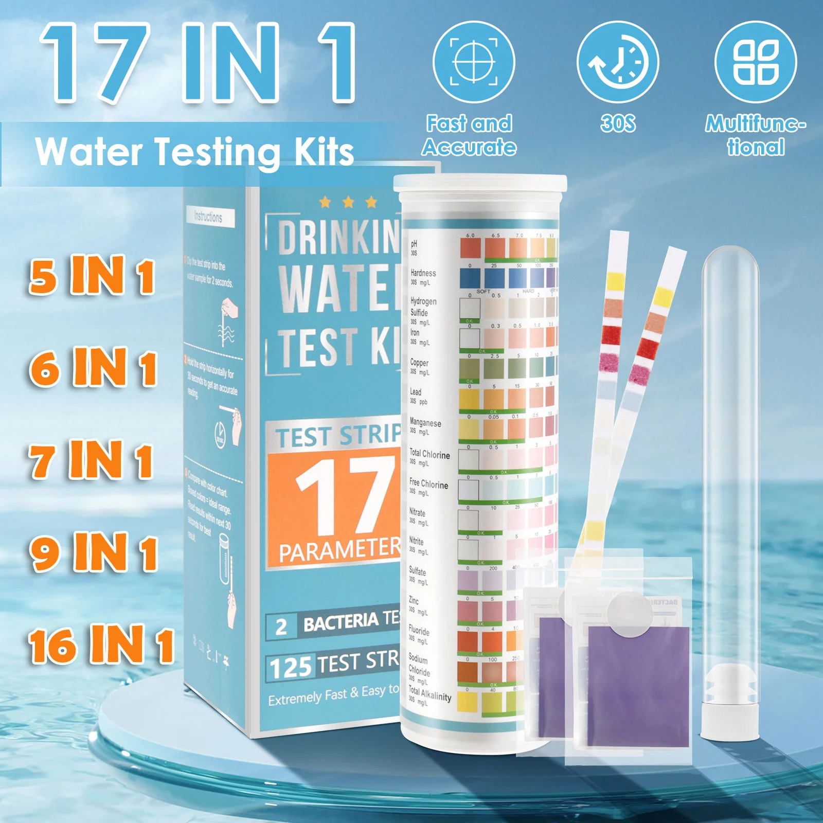 100Pcs Aquarium Test Strips 5-17 in 1 Fish Tank Water Testing Kits with Test Tube Freshwater Saltwater Water Quality Test Kit