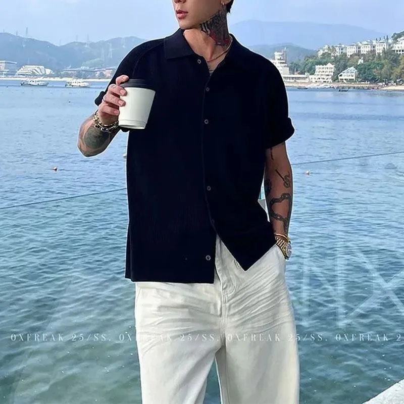 

Men's Casual Cuban Collar Shirt Short Sleeve Button Down Solid Black Loose Fit Summer Beach Shirt