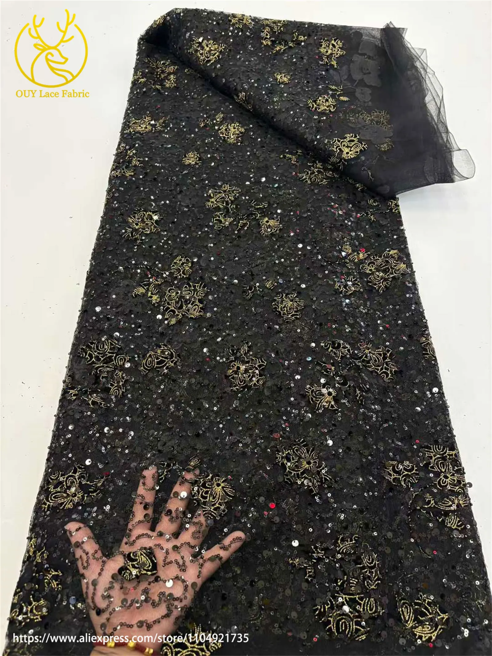 Afrikanischer Pailletten-Spitzenstoff, 2025, hochwertige Bräutigam-Stickerei, französischer nigerianischer orangefarbener Tüll-Spitze, Material für Hochzeit, Party, Kleid – Detail 8