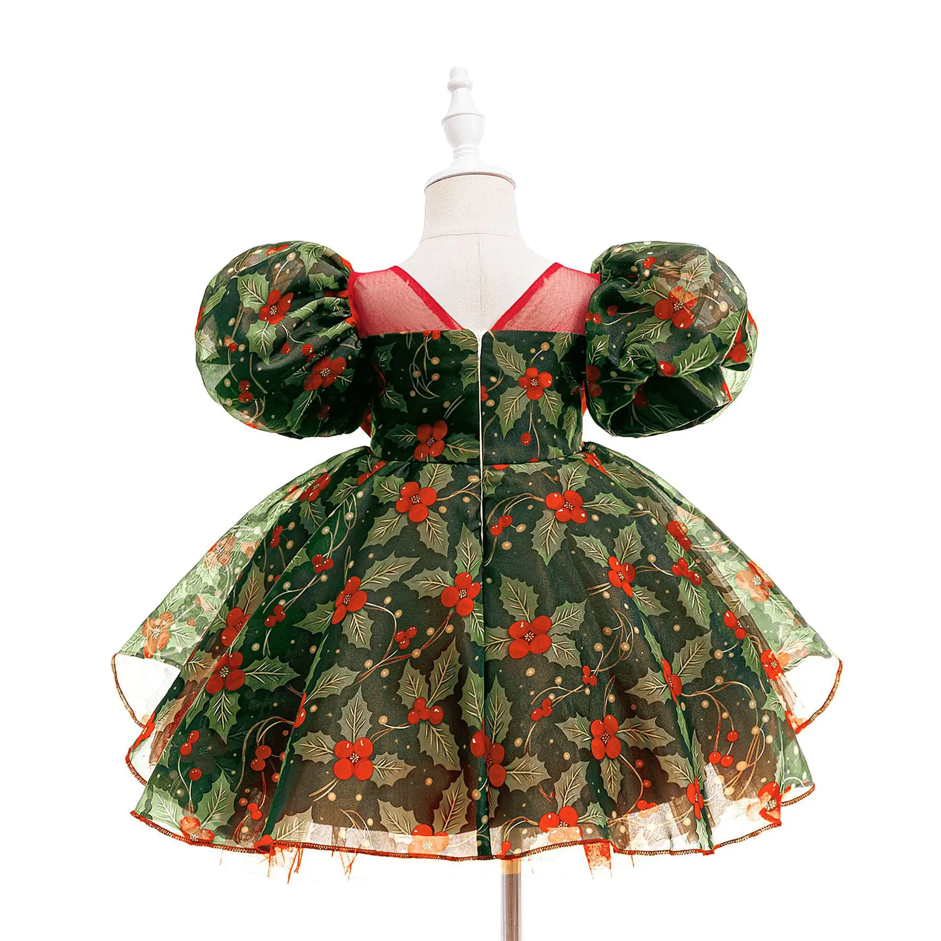 Vintage Girls Green Elf Christmas Dress Floral Big Bow Puffy Dresses For Children Stage Performance Festival Xmas Party Costume