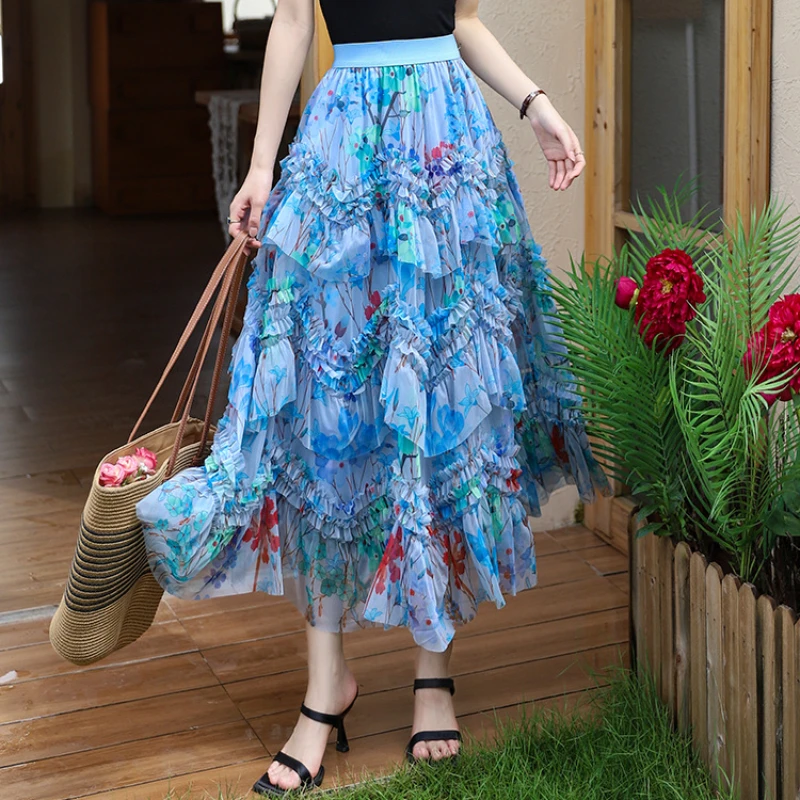 Sweet Fairy Slimming Floral Skirt for Women Summer New Niche Print Mesh Fluffy A-line Long Cake Skirts