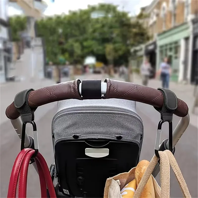 2-Pack PU Leather Stroller Hooks, Adjustable Pram Hook Children Travel Accessories for Organizing Bags on Strollers & Carts