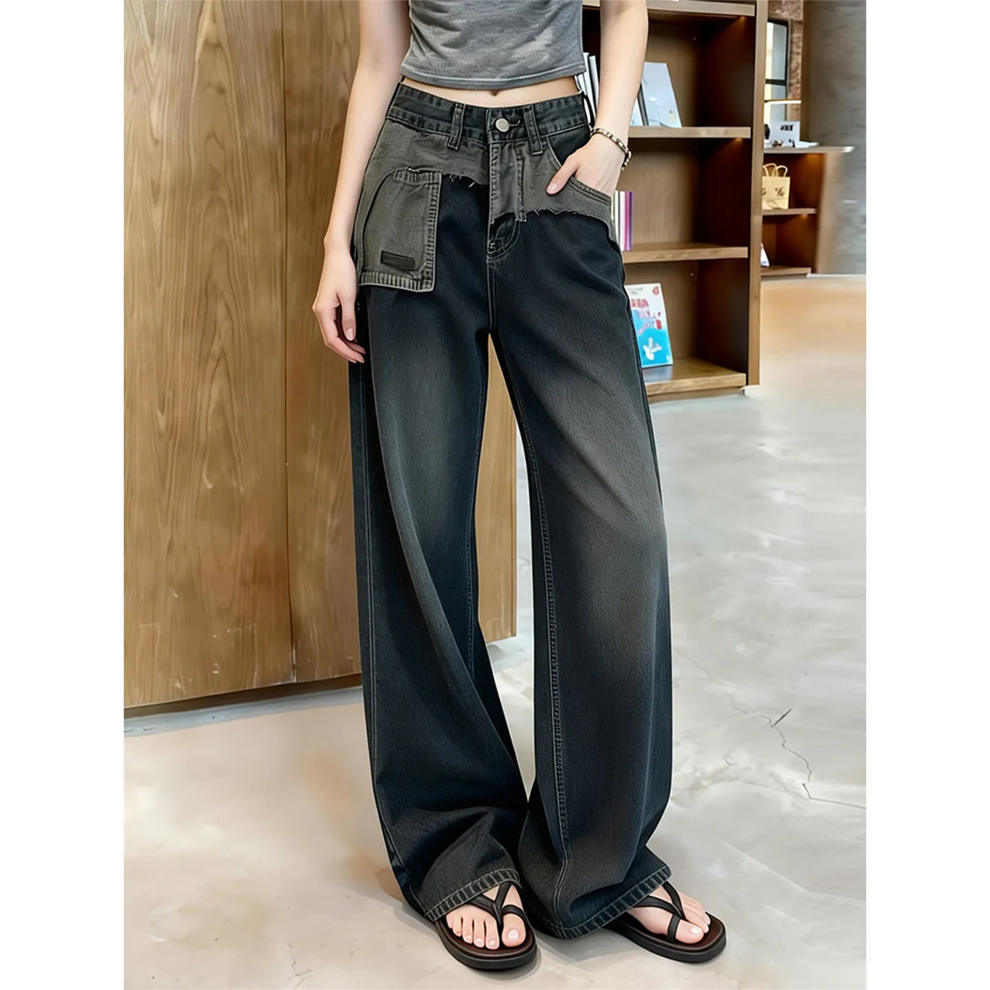Denim Pant Women Jeans Vintage Wide Leg Long Pants Mid Waist Straight Trousers Y2k Streetwear Elegant Work Distressed Splice