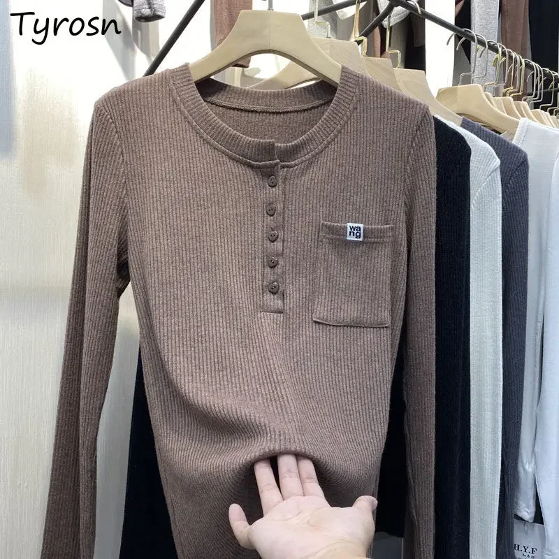 

Футболки женские, трикотажные изделия с длинными рукавами, тонкие однотонные футболки с круглым вырезом, модная элегантная женская уличная одежда S-3XL, универсальная повседневная одежда