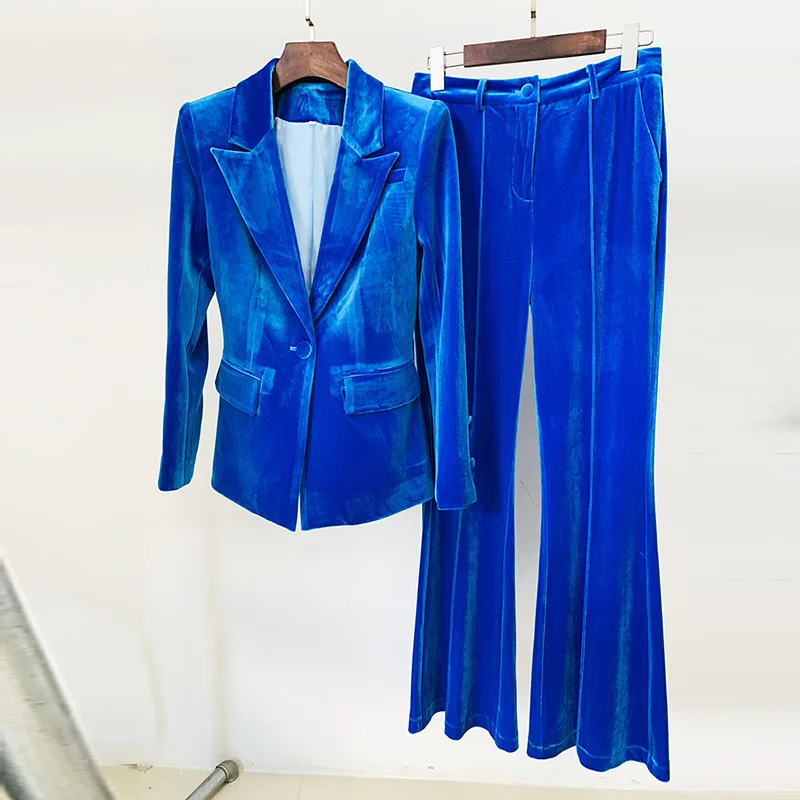 Velvet Blazer Pantsuits Blue Black Women 2022 Autumn Winter New One Button Jacket Flare Pants Two Piece Sets Office Female Suit