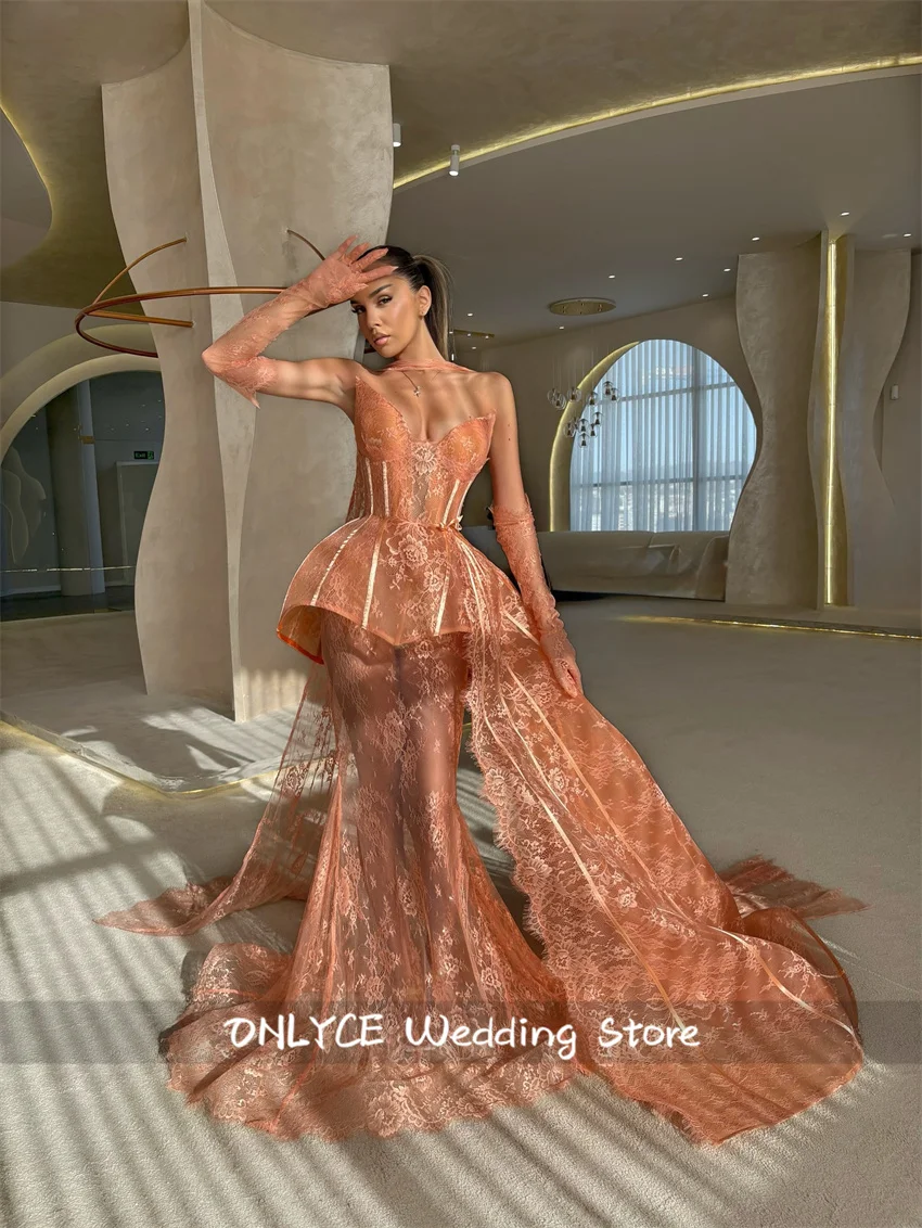 新しいファッションレースオレンジパーティードレスセクシーな手袋誕生日エレガントなフォーマルな機会プロムドレスナイトクラブvestidoカスタマイズ