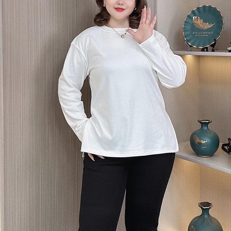 Simple Basic Split DE Velvet T-Shirt Thermal Top Plus Size Women Autumn Winter Fashion Loose Thicken Long Sleeve Tees 8882