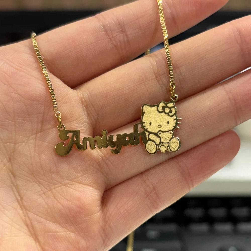 Custom Name Etched Hello Kitty Necklace For Women Cute Jewelry Personalized Box Chain Cartoon Cat With Tedder Pendant Best Gifts
