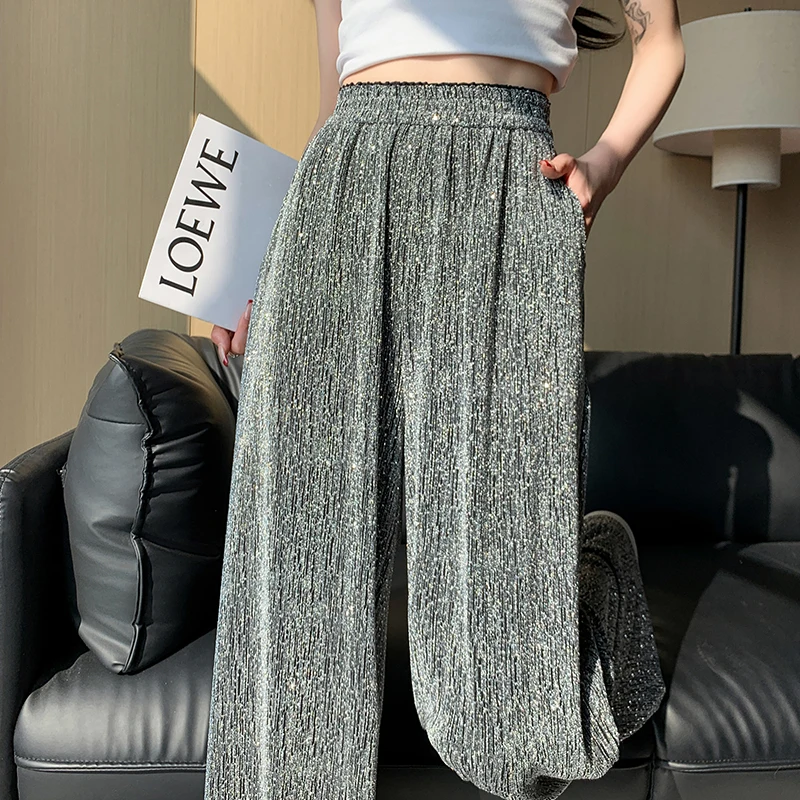 

Sparkling diamond wide leg pants for women in spring 2024, high waisted loose drape casual pants, lazy style floor mop pants