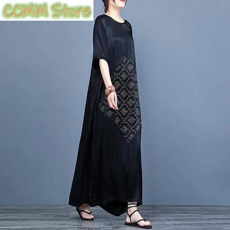 Commute Folk Printed Long Dress Vintage Spliced Women's Clothing Casual Loose Summer Short Sleeve Basic O-Neck Straight Dresses