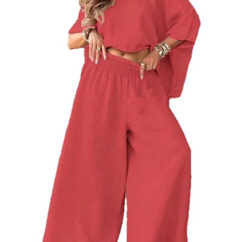 Women's Two Piece Set Summer Off Shoulder Top Wide Leg Pants Loose Fit Elastic Waist Casual Suit.