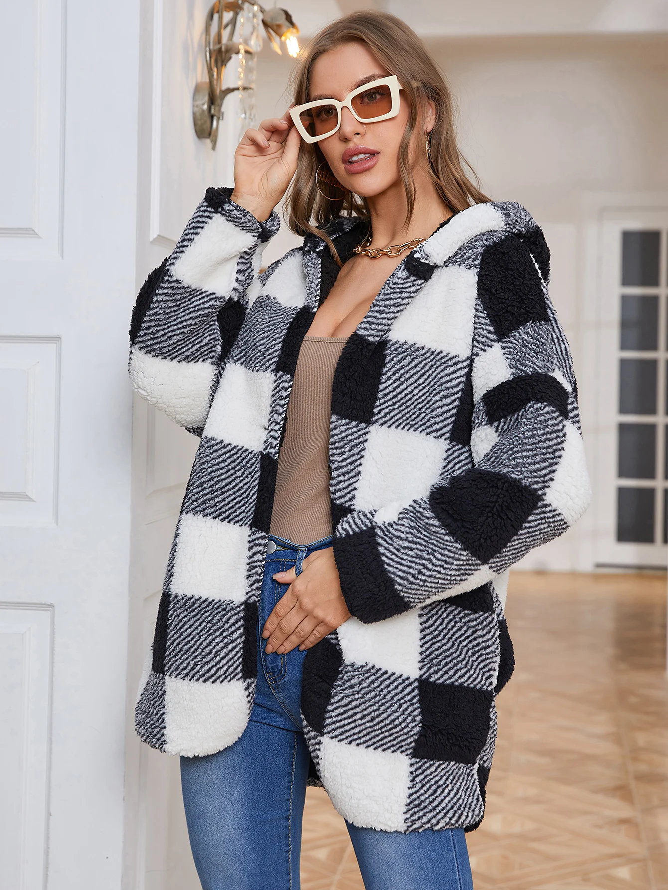 FTLZZ Autumn Winter Women Fleece Plaid Hooded Jacket Coat Long Sleeve Sherpa Cardigan Jackets with Pockets