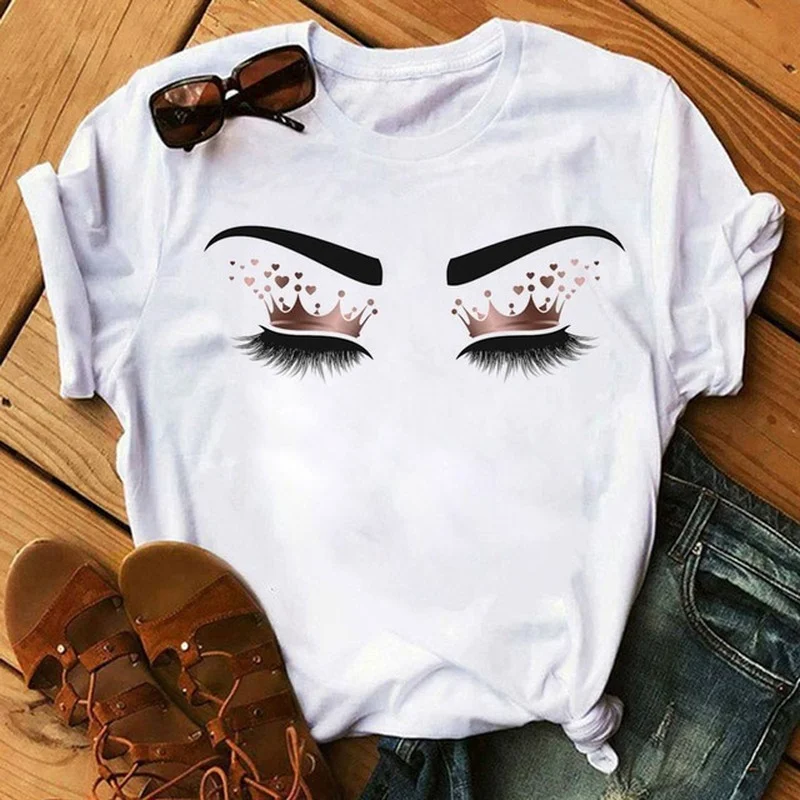 

Colorful Eyelashes Crown Print Women T Shirt Short Sleeve O Neck Loose Women Tshirt Ladies Tee Shirt Tops Camisetas Mujer