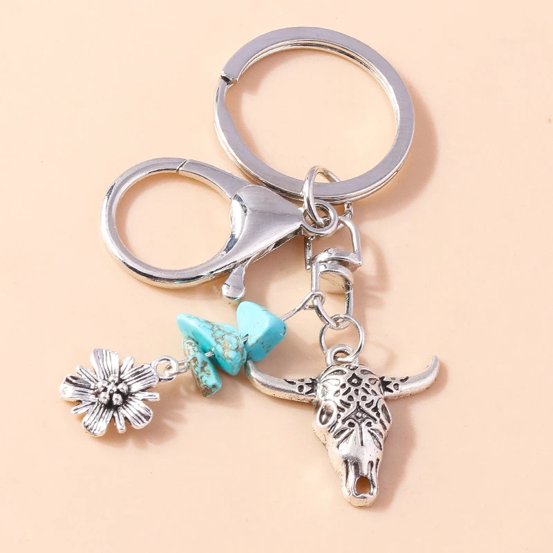 Cute Animal Bull Head Keychain Alloy Flower Pendants Keyrings for Women Men Car Key Handbag Hanging Key Chains DIY Accessories