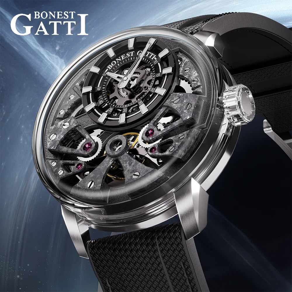 

BONEST GATTI Men's Automatic Skeleton Mechanical Watch Stainless Steel Case Sapphire Crystal Glass Luminous Hands Rubber Strap