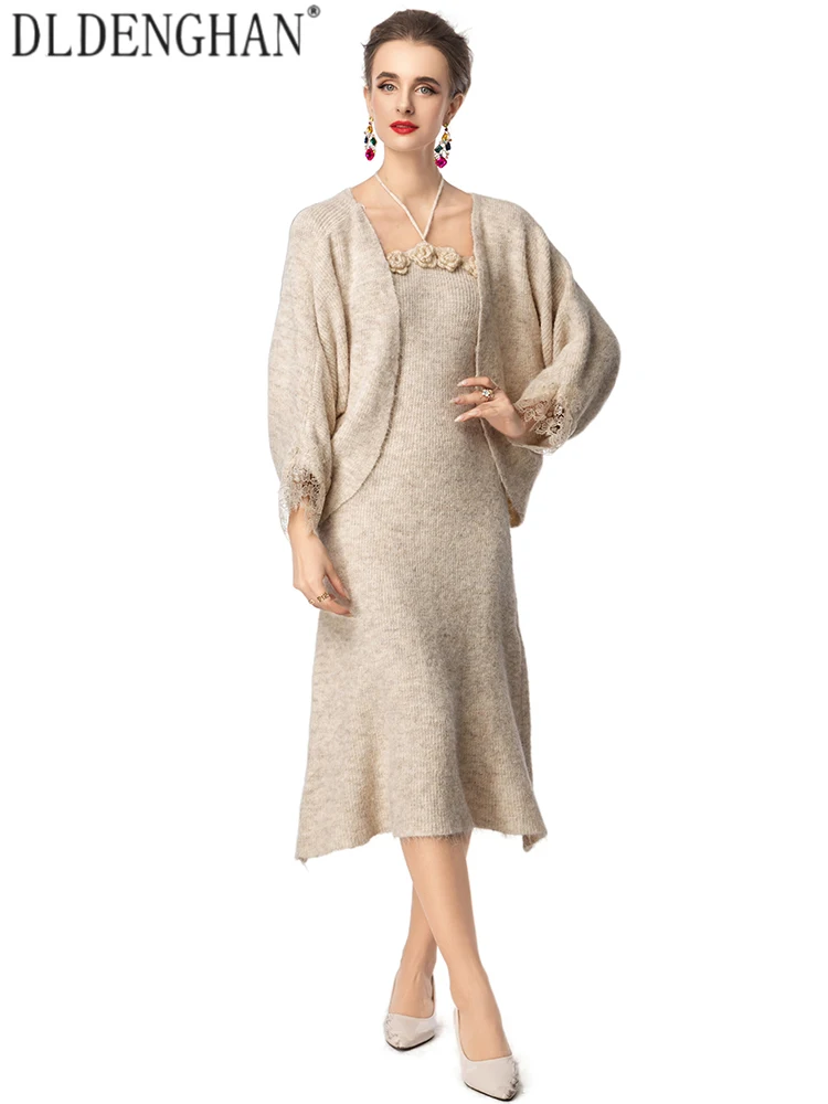 

DLDENGHAN женский свободный топ с длинными рукавами и аппликациями на тонких бретельках, уличный вязаный комплект из двух предметов на осень