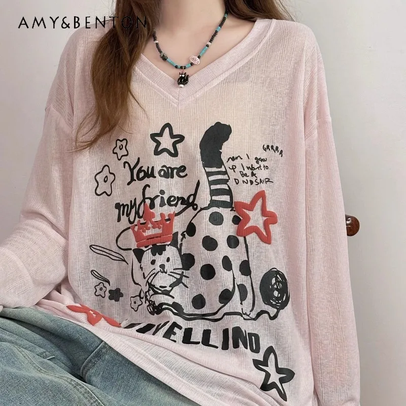 

Original American Retro Cartoon Cat Letter Printing V-neck Long-sleeved T-shirt Women's Thin Micro-transparent Blouse Top Tees