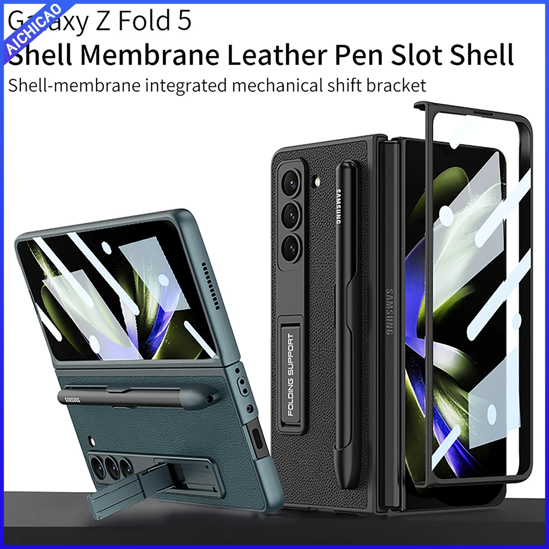 

ACC-Case for Samsung Galaxy Z Fold 5, Membrane Leather, Pen Slot Shell, Integrated Mechanical Shift Bracket, Phone Cases