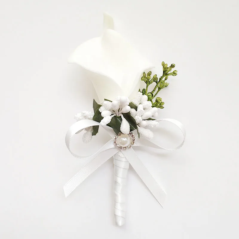 Alfileres de ramillete de boda para hombre, accesorios de flores artificiales, decoración de ojales, Callas blancas, lirio, rosas, invitados