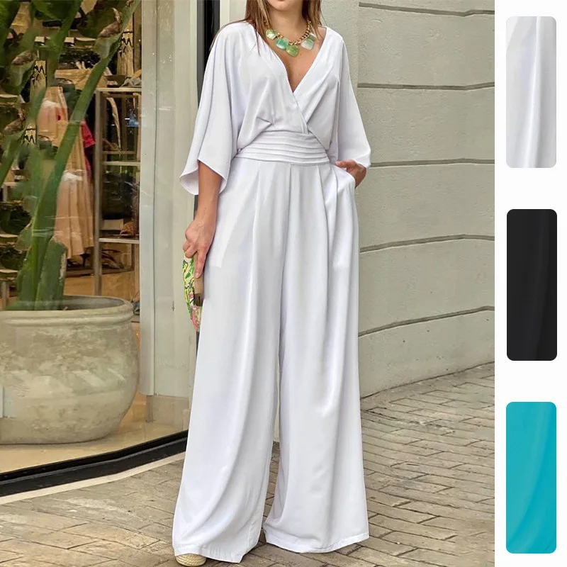 

FL Summer New Women Casual Minimalist Elegant V Neck Loose Waist Cinched Jumpsuit Soft Light Breathable Chic Daily Beach Holiday
