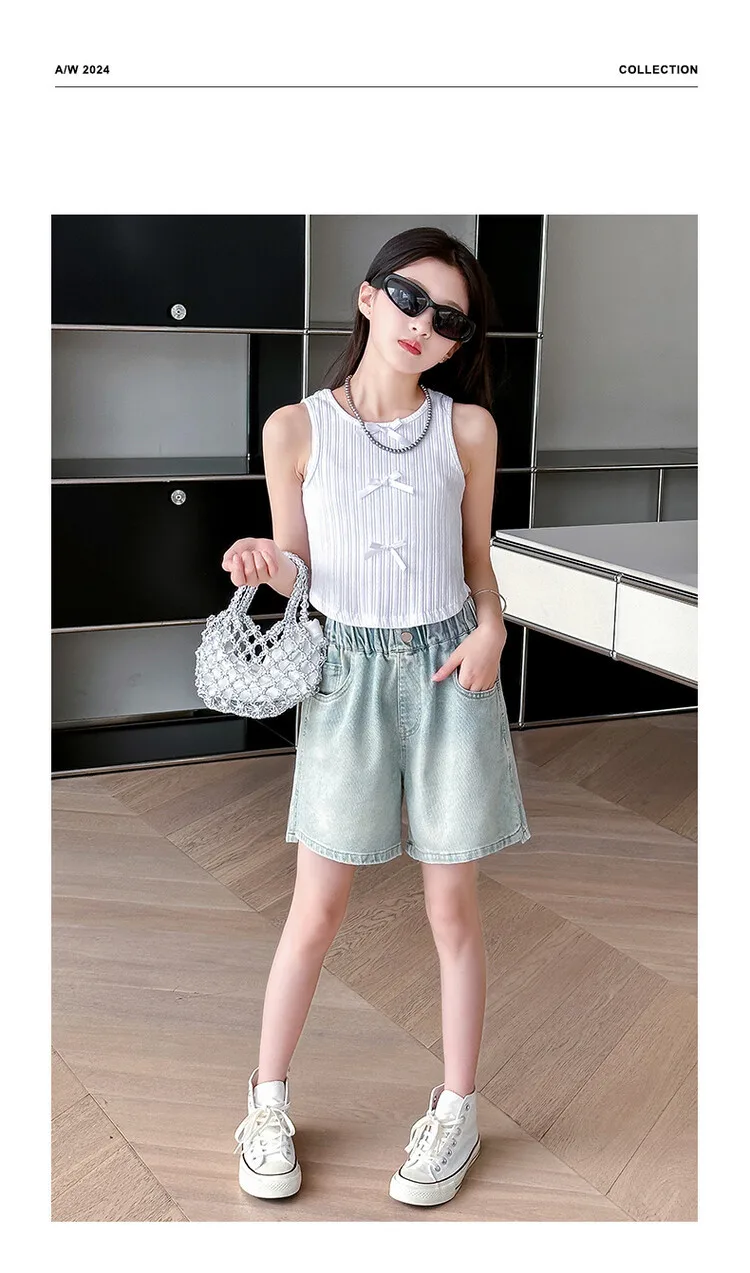 2026 Sommer Mädchen-Jeansshorts mit Schmetterlingsstickerei, Teenager-Shorts mit Elastischem Hohem Bund, Weite Beine, Lässige Streetwear für Kinder – Detail 2