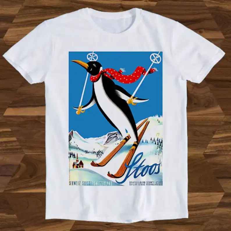 Ski Penguin Swiss Alpine Switzerland Travel Poster Design Slogan Saying Retro Art Drawing Present Meme Funny Gift Tee