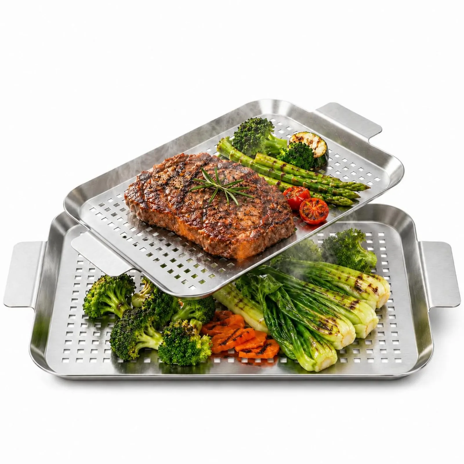 2PCS Grill Topper Stainless Steel BBQ Pan Tray Easy Clean for Vegetables Seafood Meat Outdoor Barbecue Camping Picnic Party Gift