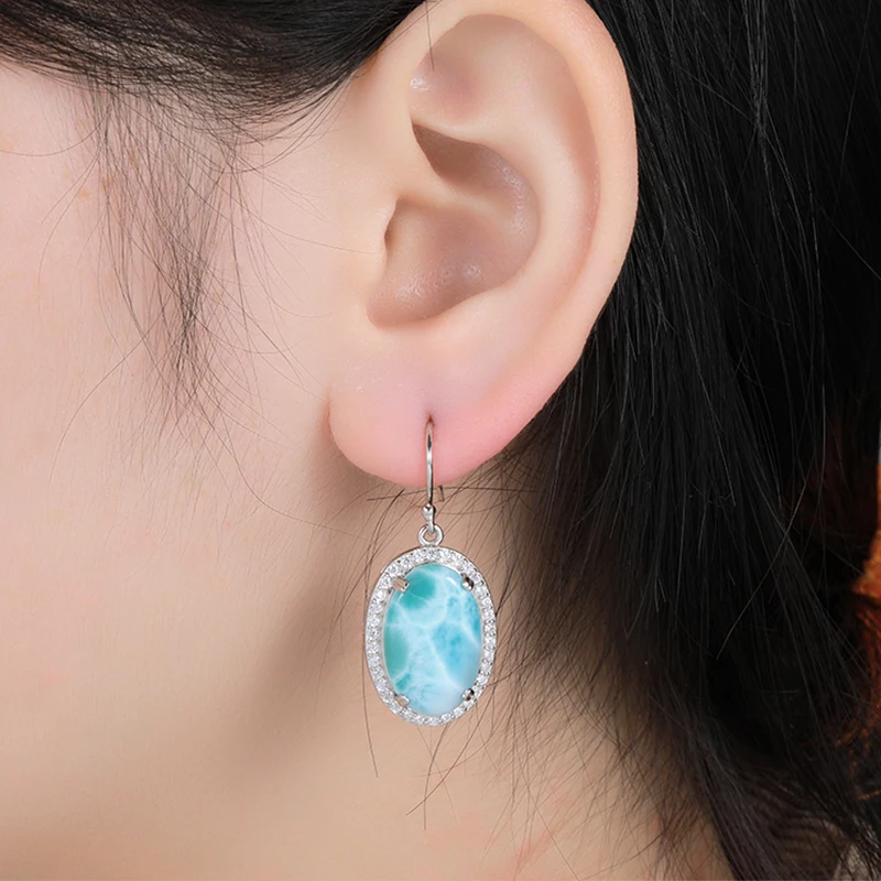 XYOP 925 Sterling Silver Elegant Chic Parisian Women's Natural Larimar Earring Jewelry Personality Gathering