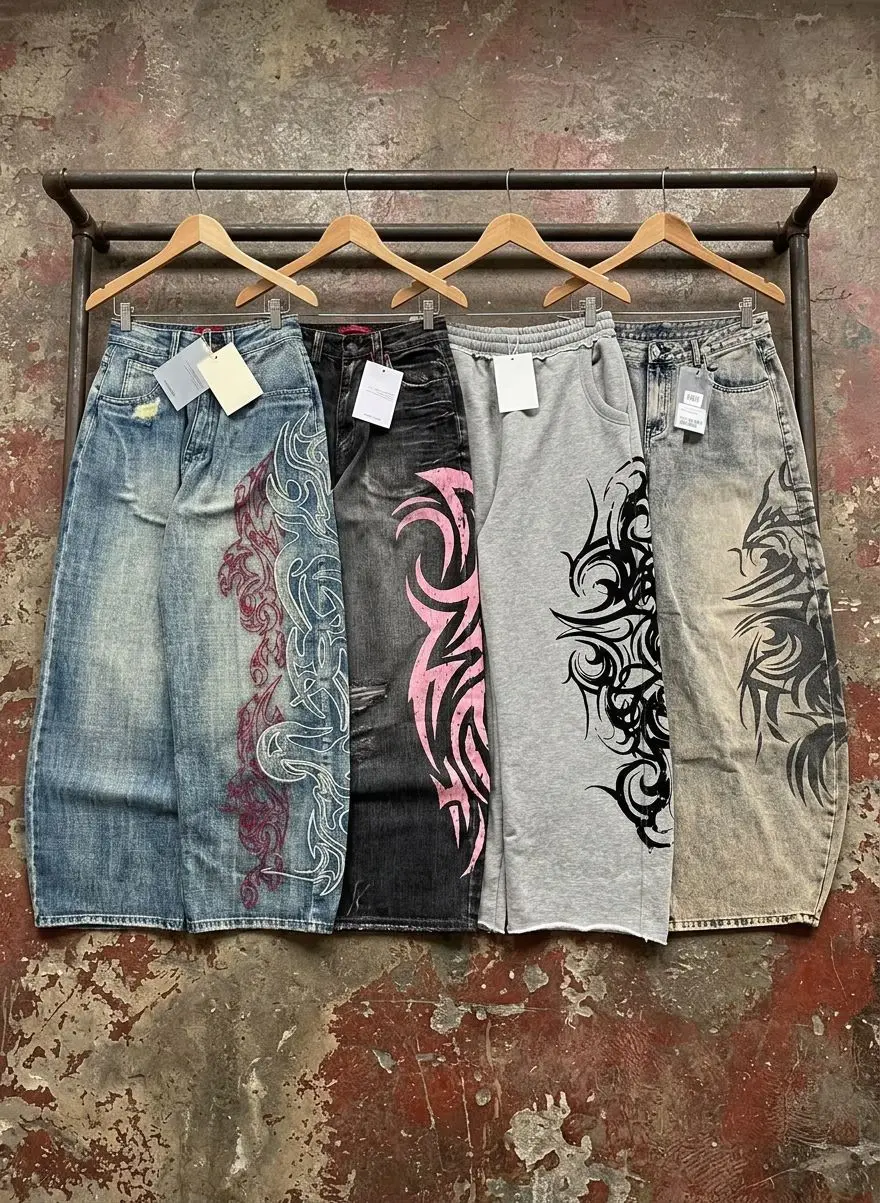 Gray Flame Loose Jeans Hip Hop Harajuku Casual Washed Distressed Straight American Vintage Y2K Streetwear Floor Mopping Pants
