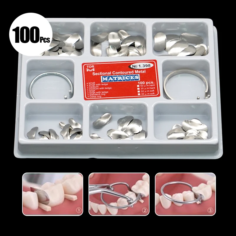 

100 шт./упак. Секционные контурные металлические матрицы для зуботехнических работ, кольца для фиксации/сепарации полимерных материалов, инструменты для стоматологов