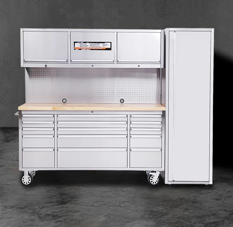Cabinet Box Set Heavy Duty Tool Cabinet Stainless Steel Tool Cart Black EVA Drawer Liners 18 Drawers Steel Workbench 6