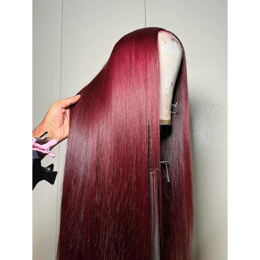 

99J Burgundy 13x4 Hd Transparent Lace Frontal Human Hair Wigs Red Wine 99J Colored Straight Wigs Pre Plucked With Baby Hair
