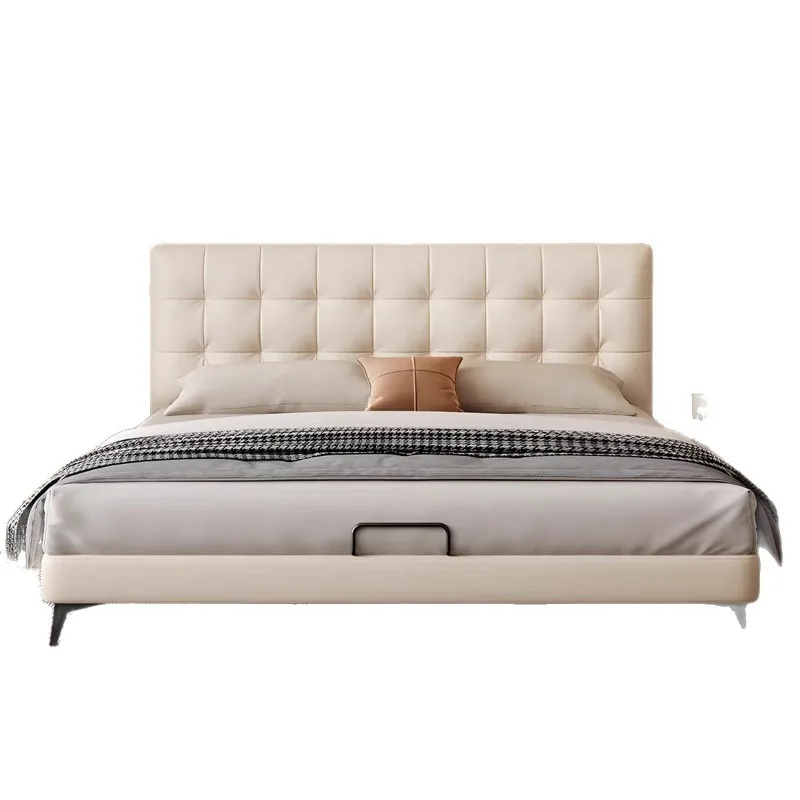 

Home French retro storage waffle bed, genuine leather, Italian light luxury black medieval wedding bed, bedroom