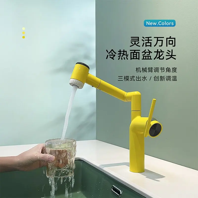 Deck Mounted 1 Hole Bathroom Sink Faucet Three Function Rotatable Basin Sink Faucets Single Handle Hot and Cold Mixer Tap Yellow